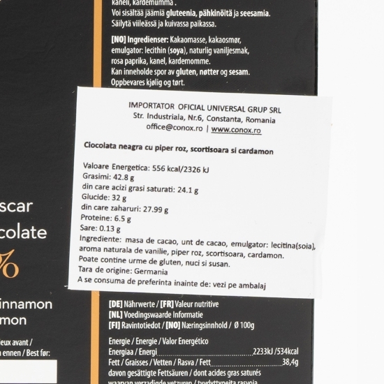 Ciocolată neagră Madagaskar cu piper roz, scorțișoară și cardamon 100g