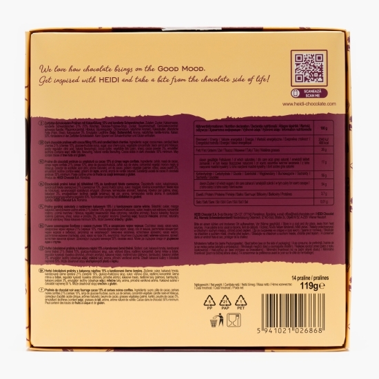 Praline din ciocolată amăruie cu umplutură cu cacao și cireșe negre confiate 119g