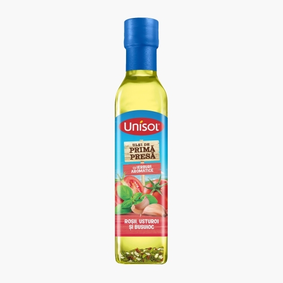 Ulei de primă presă cu ierburi aromatice roșii, usturoi și busuioc 0.25l