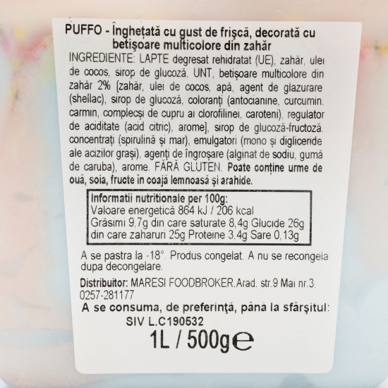Înghețată Puffo cu gust de frișcă, decorată cu bomboane multicolore de zahăr 500g