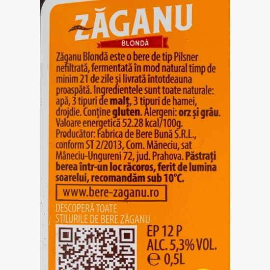  Bere artizanală nefiltrată blondă sticlă 0.5l