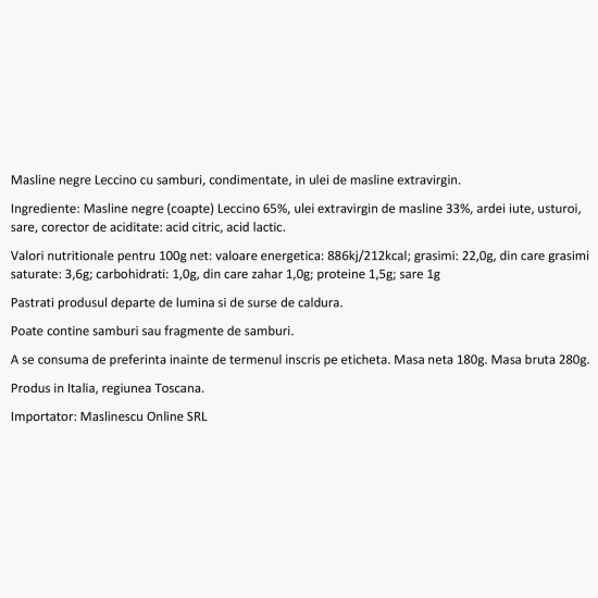 Măsline negre Leccino cu sâmburi, condimentate, în ulei de măsline extravirgin, by Măslinescu 280g