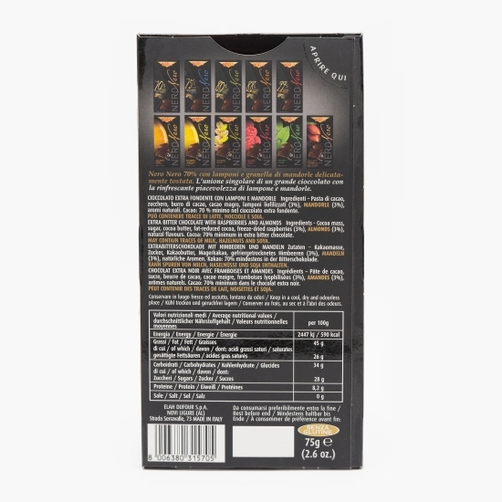 Ciocolată neagră extra cu 70% cacao, zmeură și migdale 75g