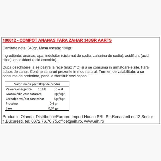 Compot de ananas fără zahăr 340g