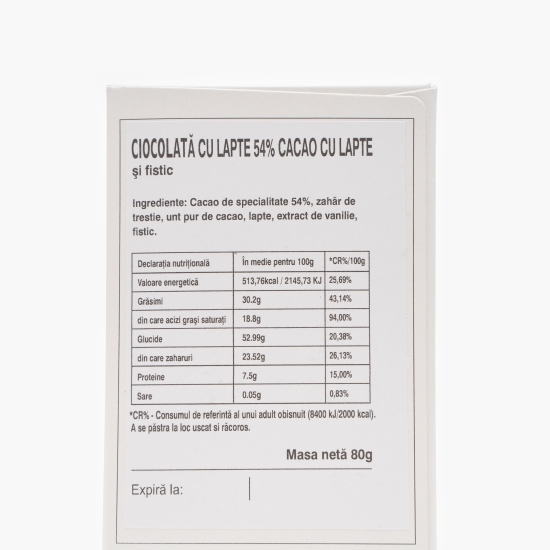 Ciocolată cu lapte și fistic 54% cacao 80g