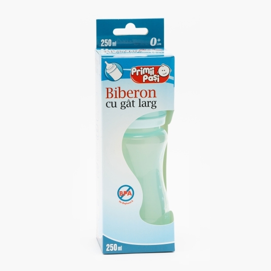 Biberon polipropilenă gât larg bleu, +0 luni, 250ml