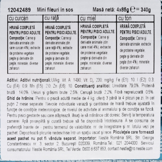 Hrană umedă pentru pisici, 4x85g, Multipack mini fileuri în sos, rață, curcan, miel și ton