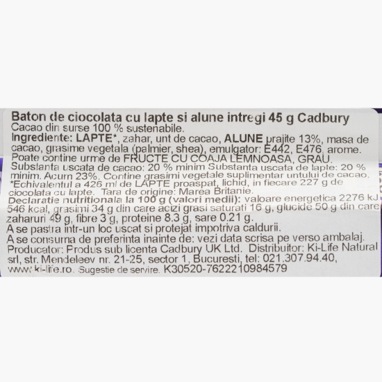 Baton de ciocolată cu lapte și alune întregi 45g