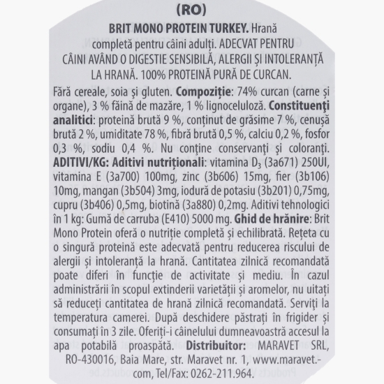 Hrană umedă pentru câini cu digestie sensibilă, cu curcan, 400g