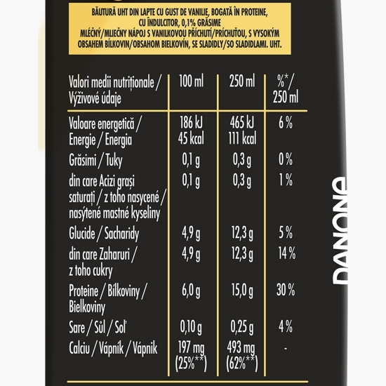 Băutură UHT din lapte cu gust de vanilie, bogată în proteine, 0.25l
