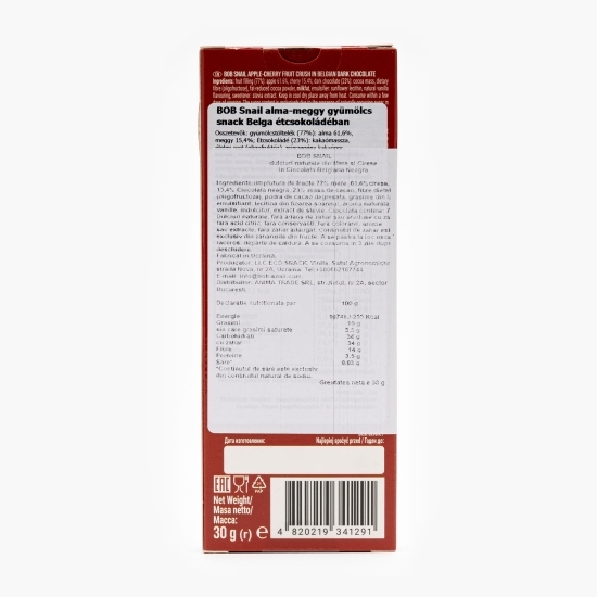 Dulciuri naturale fără zahăr din măr și cireșe trase în ciocolată neagră belgiană 30g
