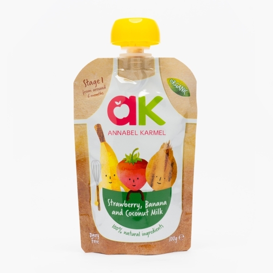 Piure eco din căpșuni, banane și lapte de cocos, pentru copii 6+ luni, 100g