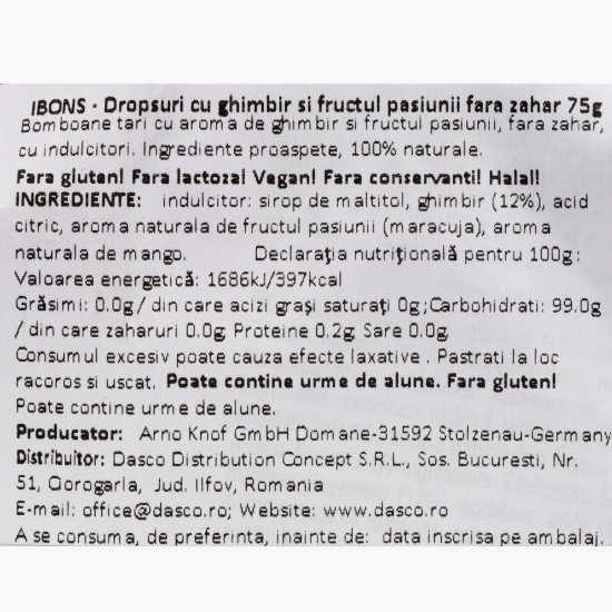 Dropsuri cu ghimbir și fructul pasiunii fără zahăr 75g
