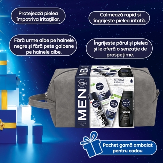Set cadou geantă: balsam după ras pentru ten sensibil 0.1l + gel de ras pentru ten sensibil 0.2l + deodorant spray masculin Black&White Power 0.15l + gel de duș Deep 0.25l