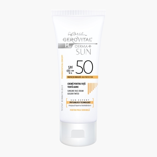 Cremă pentru față SPF 50 tentă aurie H3 Derma+ Sun, 50ml