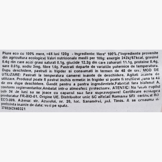 Piure eco cu 100% mere, +4/6 luni, 120g