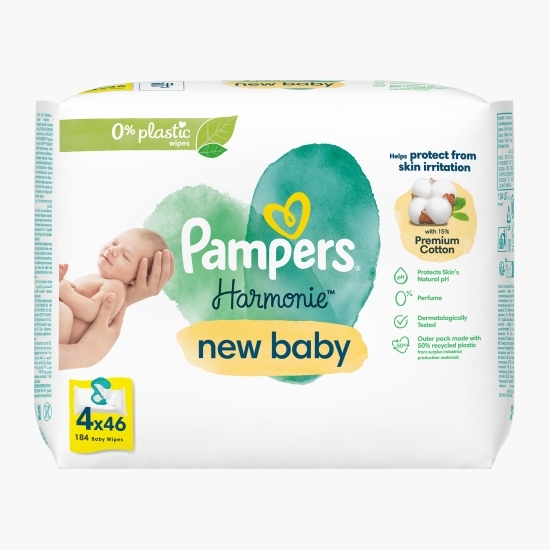 Șervețele umede Harmonie, 4 pachete x 46, 184 buc, 0% plastic