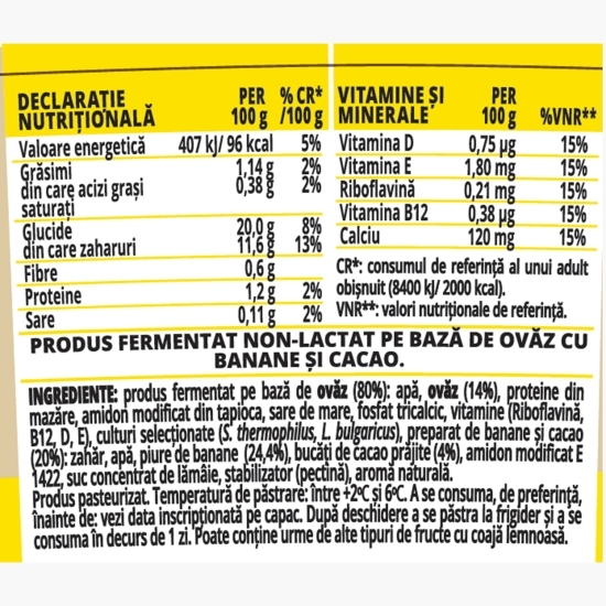 Desert fermentat non-lactat pe bază de ovăz cu banane și cacao Carpos 125g