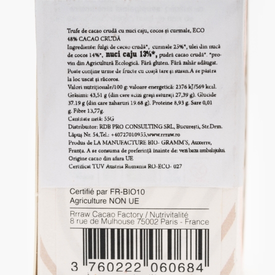 Trufe de cacao crudă cu nuci caju, cocos și curmale eco 55g
