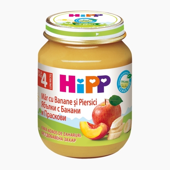 Piure ecologic măr, piersică și banană, +4 luni, 125g