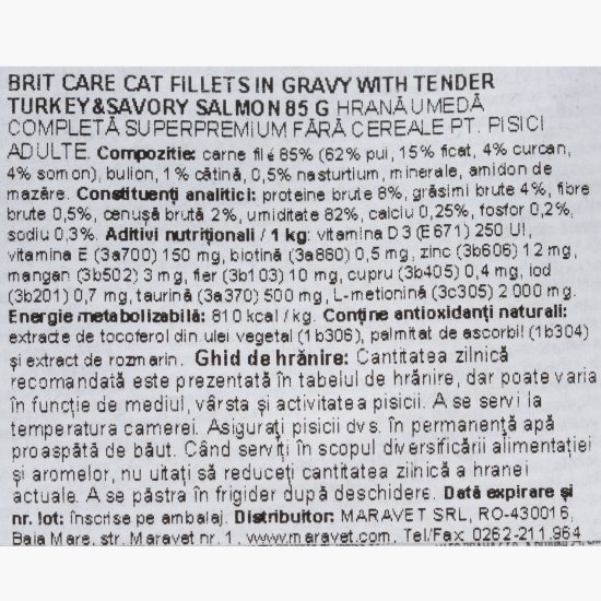 Hrană umedă pentru pisici adulte, cu curcan și somon Fillets in gravy, 85g