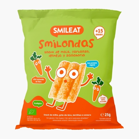 Chipsuri ecologice cu porumb, năut, linte și morcov  Smilondas, +15 luni, 25g