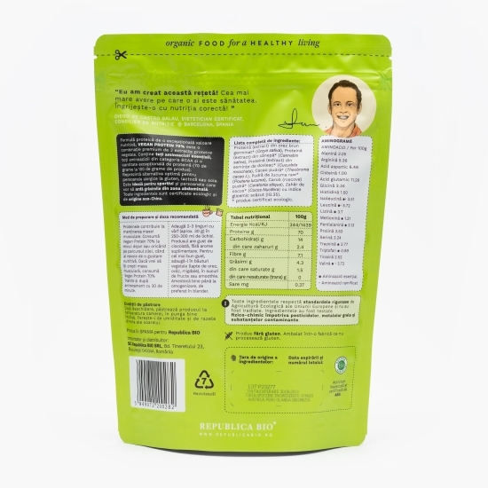 Pulbere proteică ecologică Vegan Protein 70%, cu gust de ciocolată, 600g