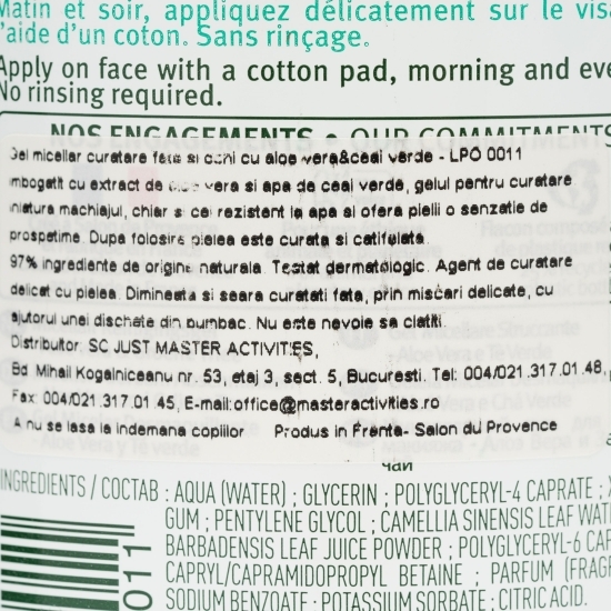 Gel micelar aloe vera & ceai verde pentru curățare față și ochi pentru ten normal și mixt 400ml