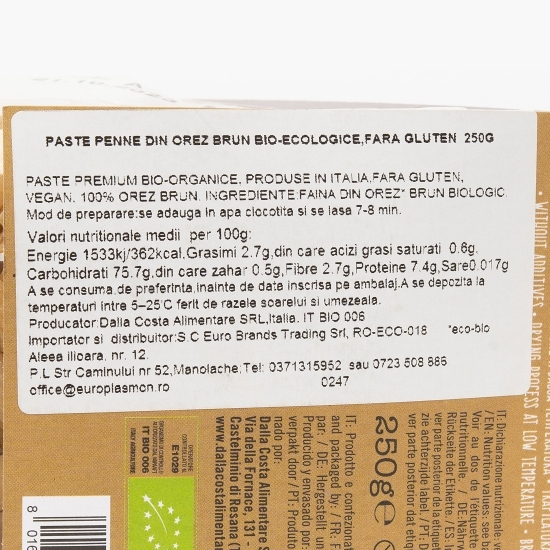 Paste penne eco din orez brun fără gluten 250g