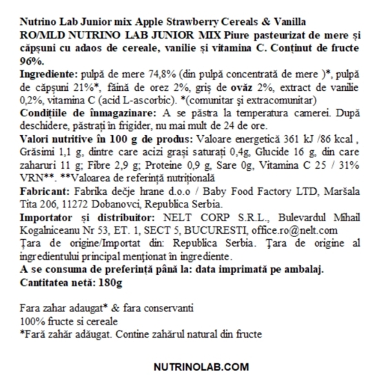 Piure cu măr, căpșună, cereale și vanilie Junior Mix 180g