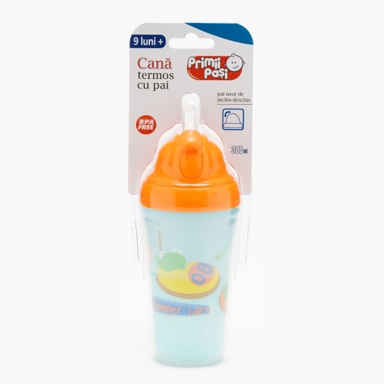 Cană termos bleu cu pai și capac portocaliu, 9+ luni, 300ml