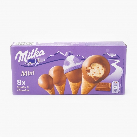 Mini cornete de îngheţată cu aromă de vanilie şi cu bucăţi de ciocolată 200ml (8x25ml)