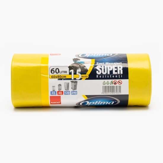 Saci menajeri super rezistenți, galbeni, 60l, 15 buc