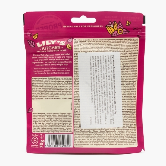 Recompense pentru câini, mini cârnăciori cu rață și vânat Scrumptious, 70g