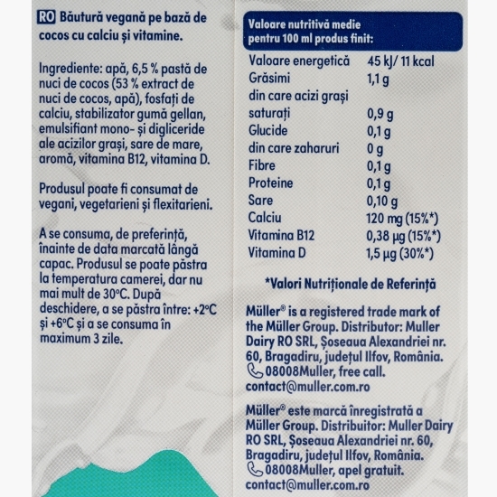 Băutură vegetală pe bază de cocos, fără zaharuri 1l