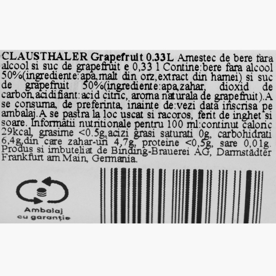Bere premium cu suc de grepfrut, fără alcool, sticlă 0.33l