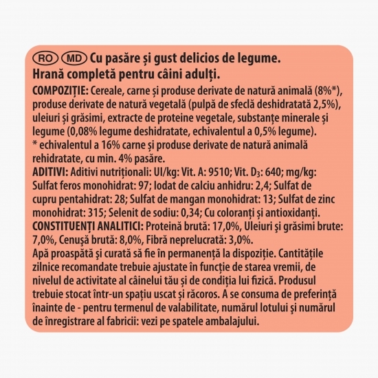 Hrană uscată pentru câini adult, 10Kg, cu pasăre și legume 