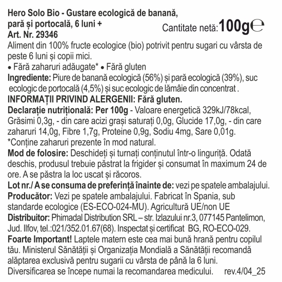 Gustare eco banană, pară și portocală Hero, +6 luni, 100g