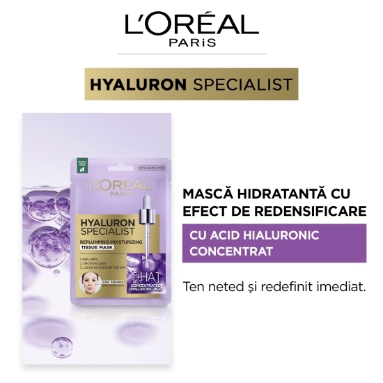 Mască șervețel hidratantă pentru volumul tenului cu efect antirid, Hyaluron Specialist,30g