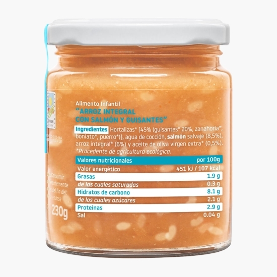 Piure eco cu somon, mazăre și orez integral, +10 luni, 230g