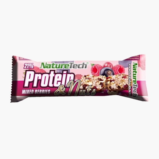 Baton energizant cu 21% proteină, fructe de pădure și nuci 45g