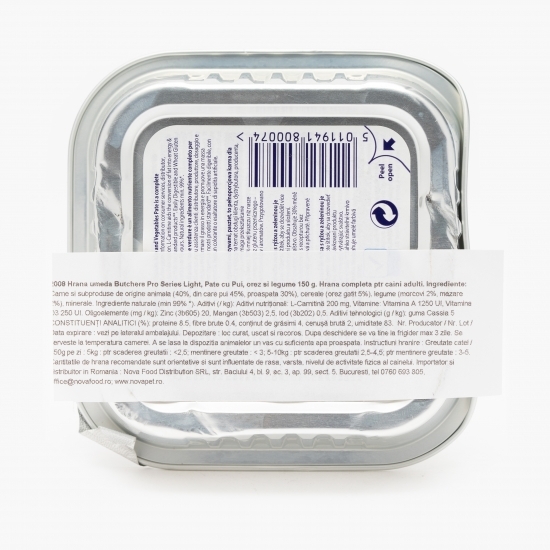 Hrană umedă pentru câini, pate, 150g, cu pui, orez și legume