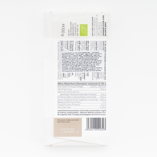 Ciocolată albă eco cu semințe de cânepă 100g