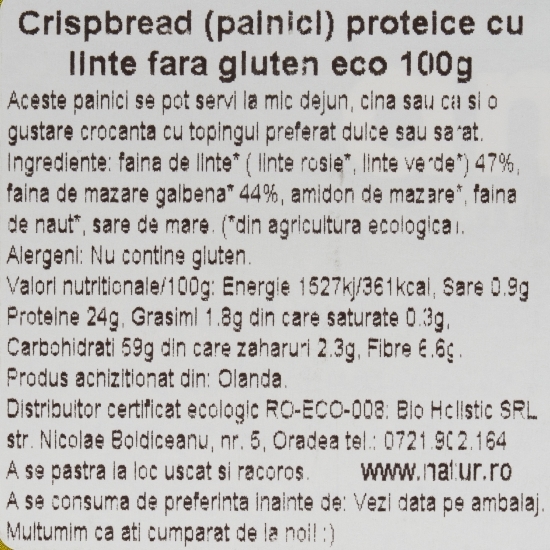 Pâine crocantă proteică eco din linte, fără gluten 100g
