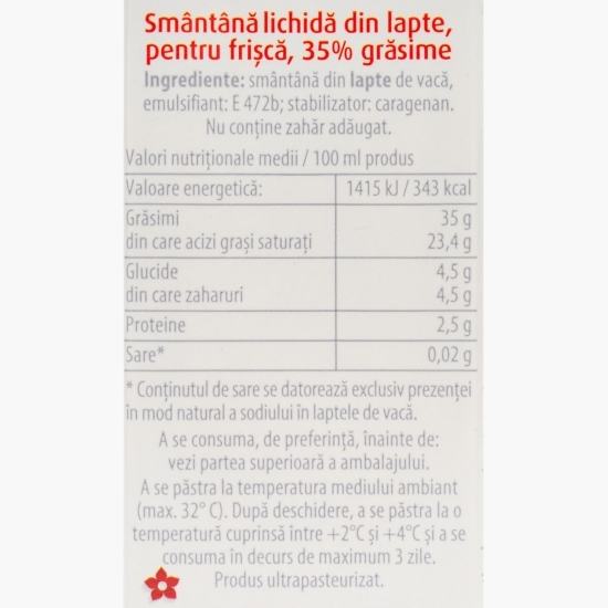 Smântână lichidă pentru frișcă, neîndulcită, 35% grăsime 200ml