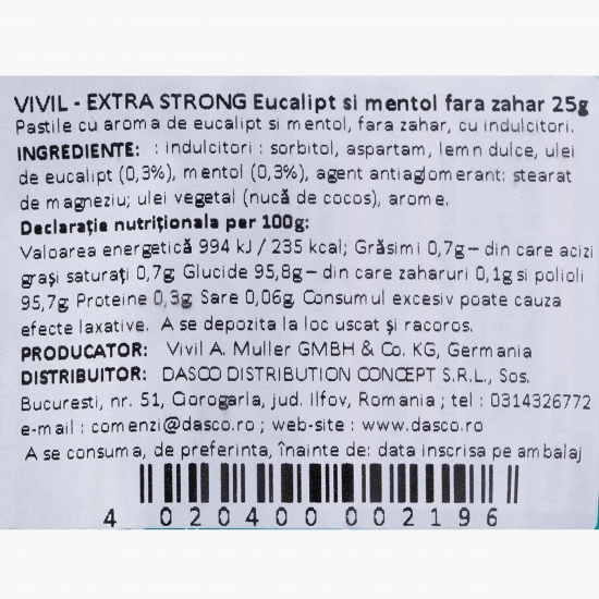 Bomboane Extra Strong eucalipt și mentol fără zahăr 25g