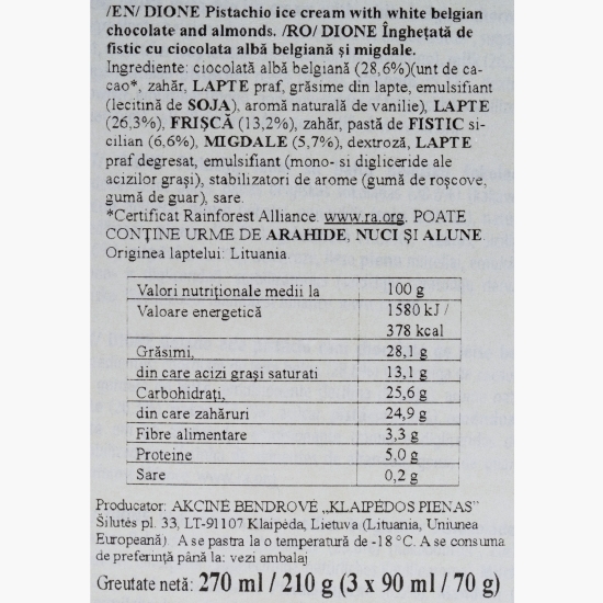 Înghețată de fistic cu ciocolată albă belgiană și migdale 3x70g
