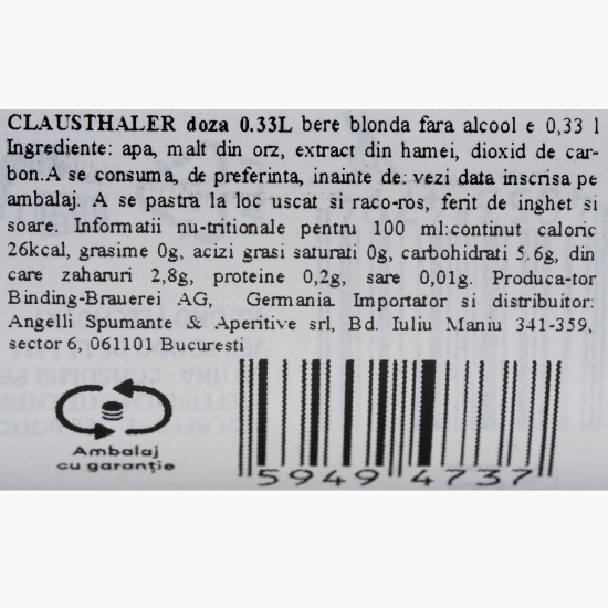 Bere blondă premium fără alcool doză 0.33l
