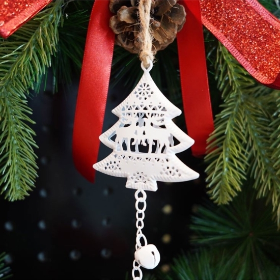 Ornament de brad Trei pomi de Crăciun, alb, metal, 30 cm