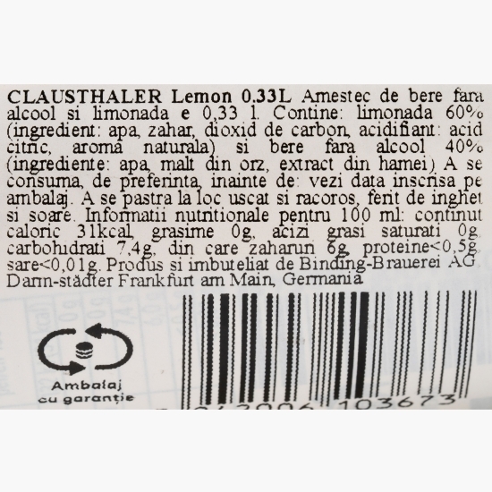 Bere blondă premium fără alcool cu suc de lămâie sticlă 0.33l